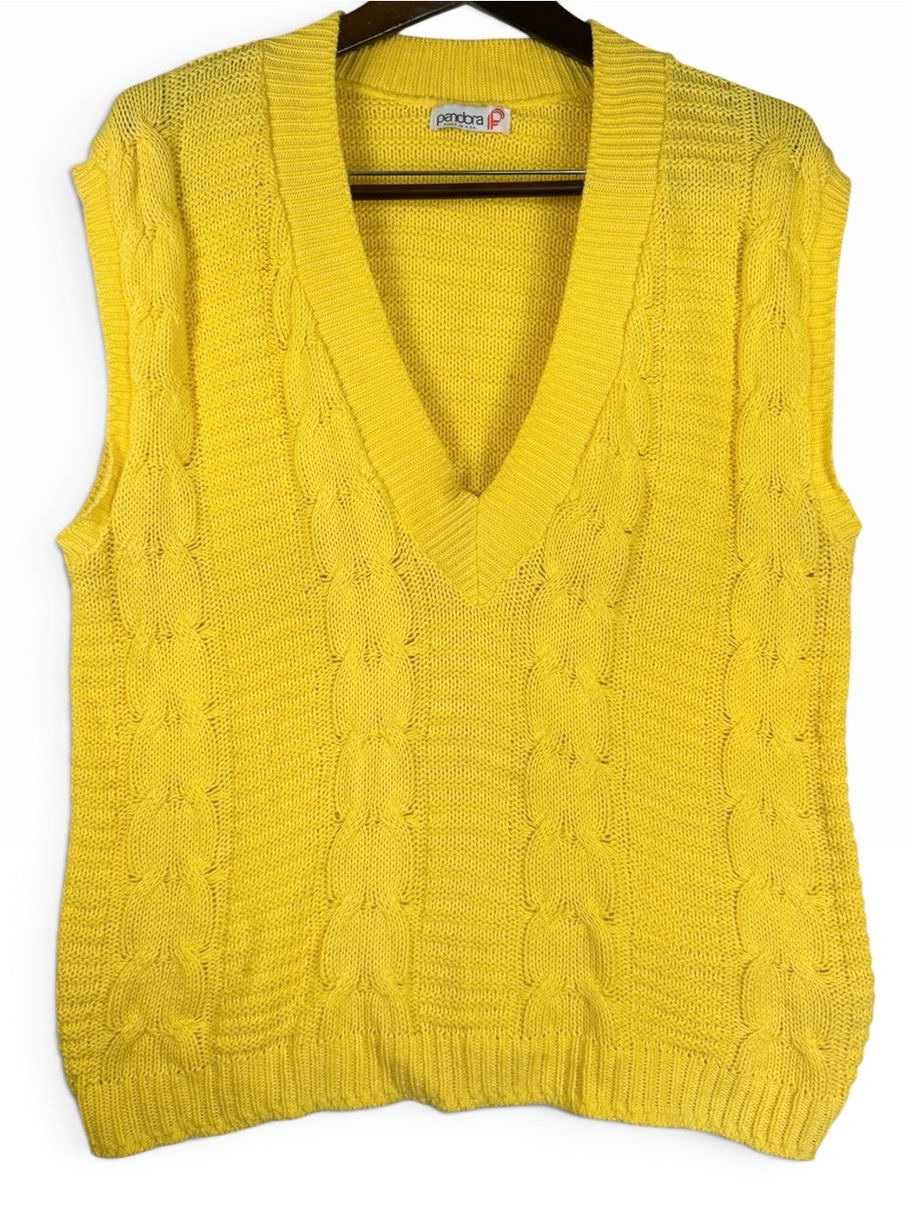 Vintage 80s Yellow Cable Knit Sweater Vest V Neck USA Made M